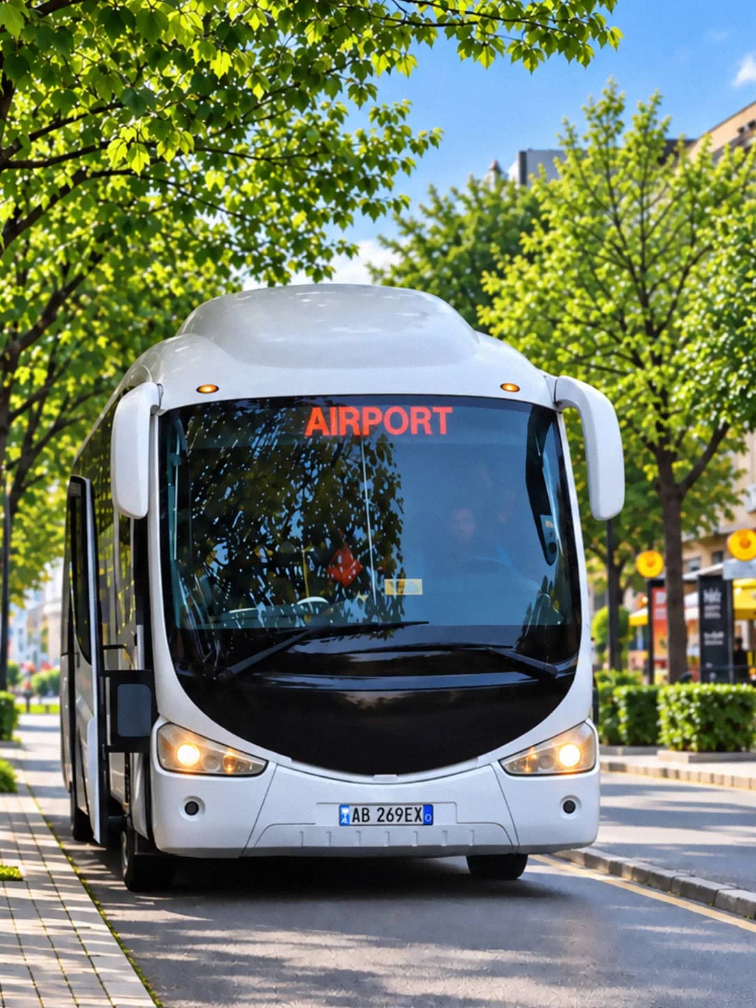 Weißer Reisebus von Luna Travel mit der Zielanzeige AIRPORT