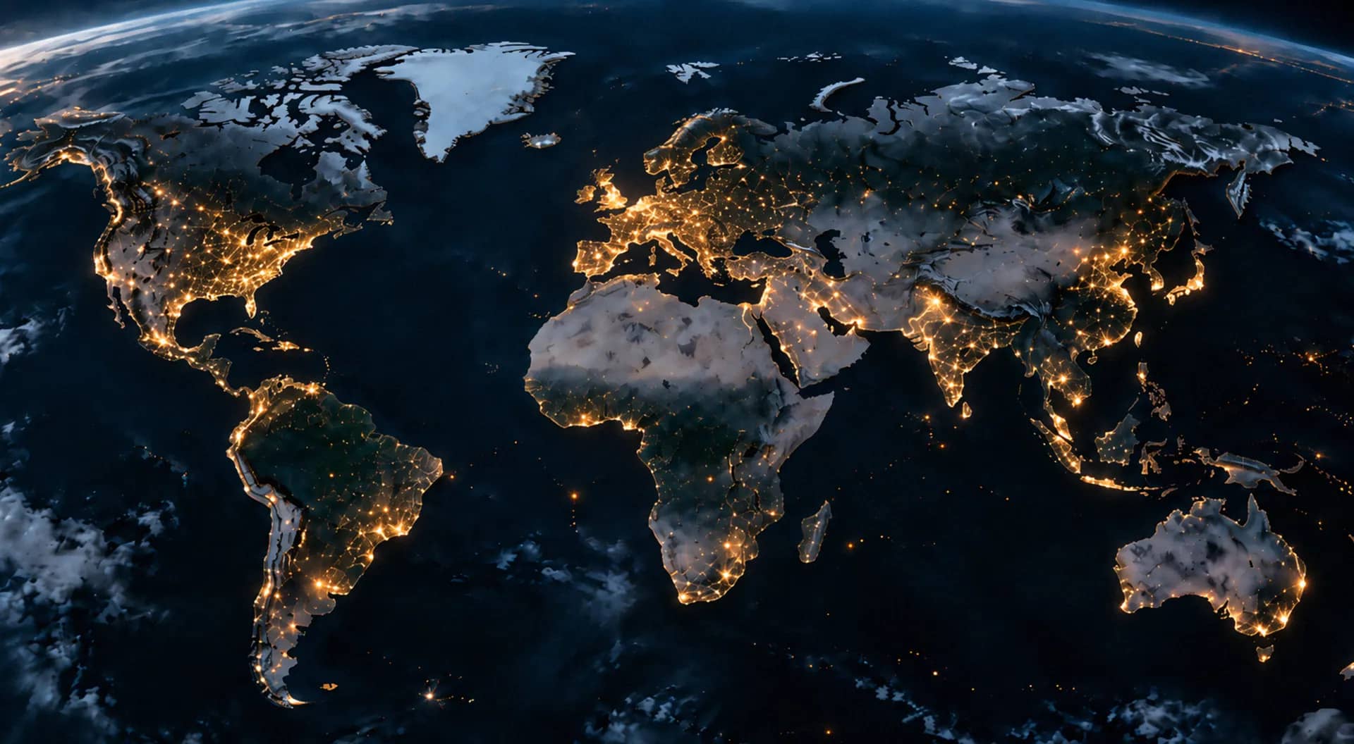 The Earth at night, seen from space, with the cities lit up
