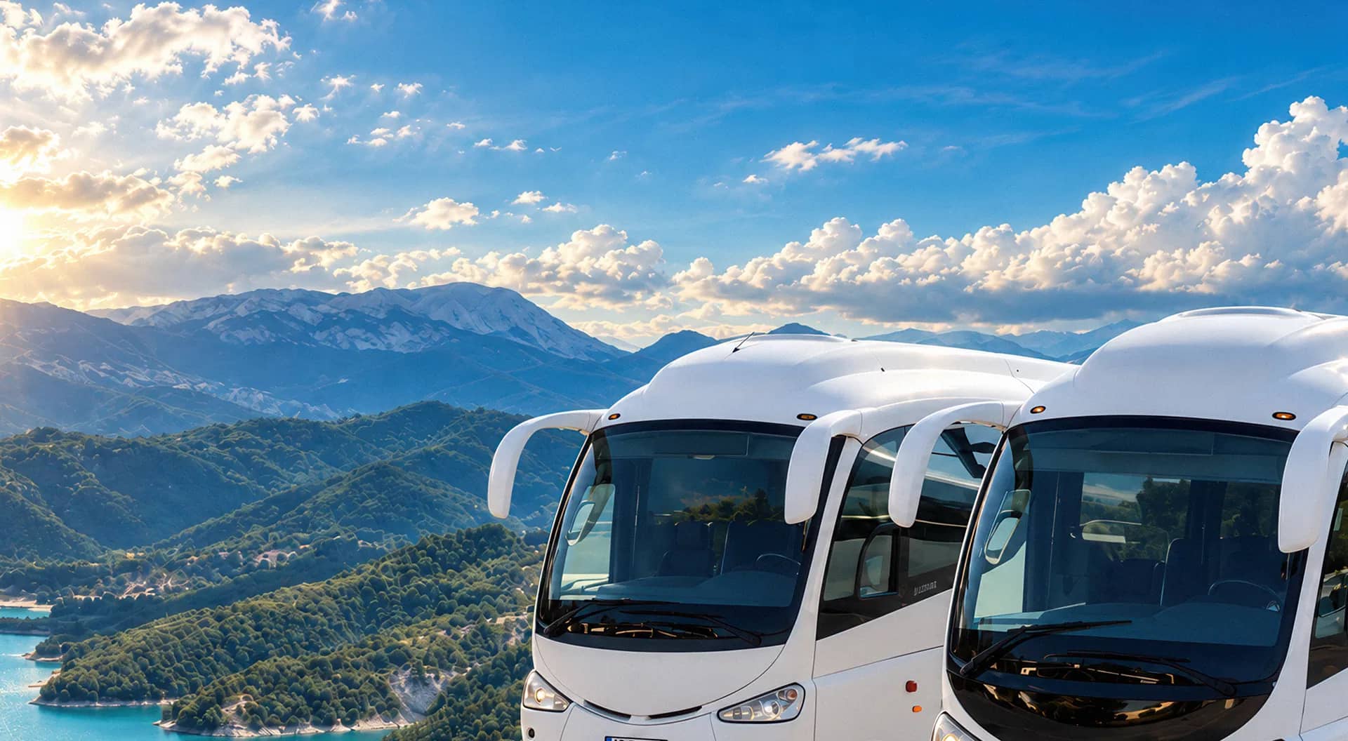 Zwei Irizar-Busse von Luna Travel vor den Bergen und dem See